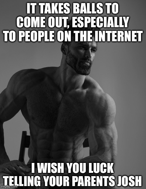 Giga Chad | IT TAKES BALLS TO COME OUT, ESPECIALLY TO PEOPLE ON THE INTERNET I WISH YOU LUCK TELLING YOUR PARENTS JOSH | image tagged in giga chad | made w/ Imgflip meme maker