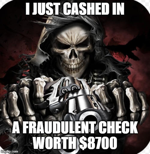 Badass skull guy | I JUST CASHED IN; A FRAUDULENT CHECK
WORTH $8700 | image tagged in memes | made w/ Imgflip meme maker