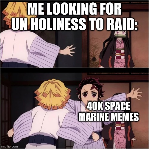 Bro what even is that | ME LOOKING FOR UN HOLINESS TO RAID:; 40K SPACE MARINE MEMES | image tagged in tanjiro blocks nezuko | made w/ Imgflip meme maker