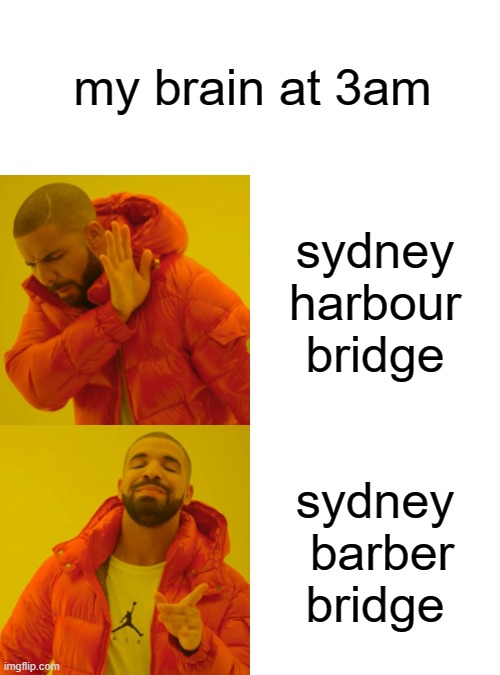 sydney barber bridge ? | my brain at 3am; sydney harbour bridge; sydney  barber bridge | image tagged in memes,drake hotline bling,funny,sydney,barber,bridge | made w/ Imgflip meme maker