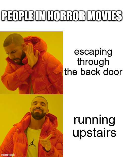 Drake Hotline Bling Meme | PEOPLE IN HORROR MOVIES; escaping through the back door; running upstairs | image tagged in memes,drake hotline bling | made w/ Imgflip meme maker