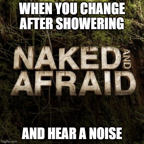 Showering is scary | WHEN YOU CHANGE AFTER SHOWERING; AND HEAR A NOISE | image tagged in naked and afraid | made w/ Imgflip meme maker
