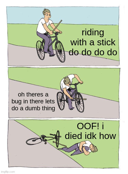 Bike Fall Meme | riding with a stick do do do do; oh theres a bug in there lets do a dumb thing; OOF! i died idk how | image tagged in memes,bike fall | made w/ Imgflip meme maker