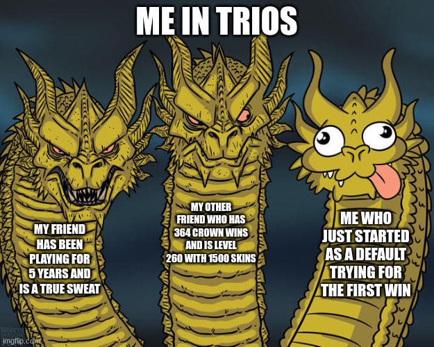 Three-headed Dragon | ME IN TRIOS; MY OTHER FRIEND WHO HAS 364 CROWN WINS AND IS LEVEL 260 WITH 1500 SKINS; ME WHO JUST STARTED AS A DEFAULT TRYING FOR THE FIRST WIN; MY FRIEND HAS BEEN PLAYING FOR 5 YEARS AND IS A TRUE SWEAT | image tagged in three-headed dragon | made w/ Imgflip meme maker