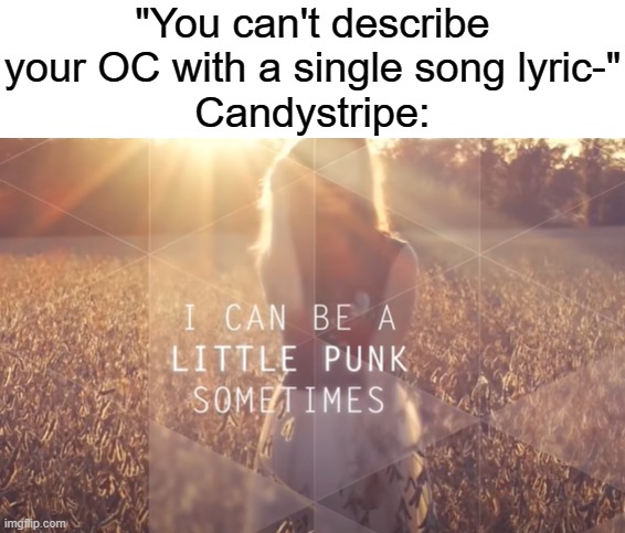 BTW the line is from "Alone" by Hollyn | "You can't describe your OC with a single song lyric-"
Candystripe: | image tagged in hollyn i can be a little punk sometimes,candystripe | made w/ Imgflip meme maker
