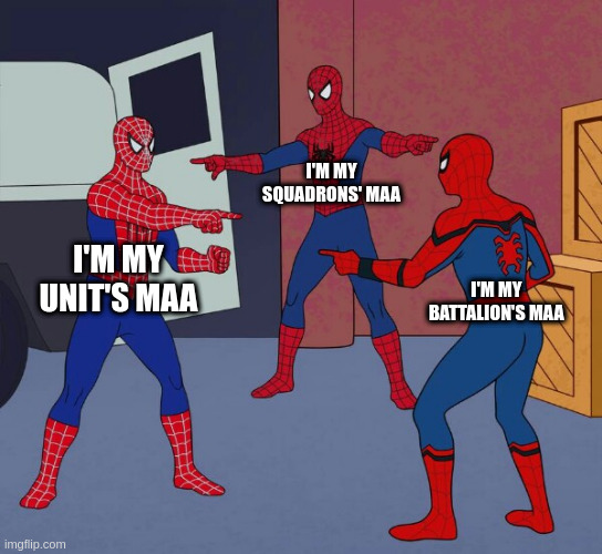 When you go to MAA | I'M MY SQUADRONS' MAA; I'M MY UNIT'S MAA; I'M MY BATTALION'S MAA | image tagged in spider man triple | made w/ Imgflip meme maker