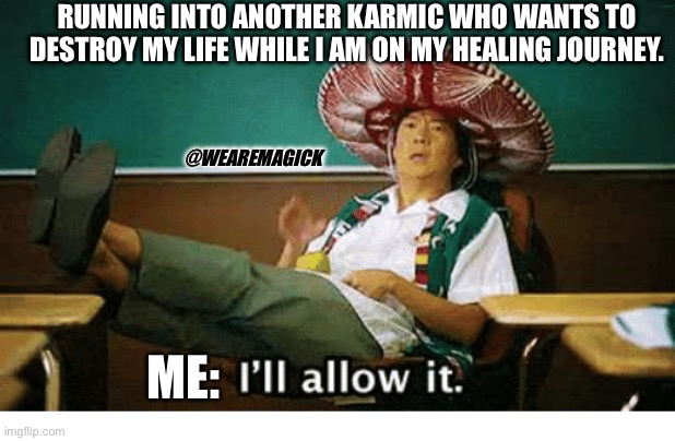 Karmics | RUNNING INTO ANOTHER KARMIC WHO WANTS TO DESTROY MY LIFE WHILE I AM ON MY HEALING JOURNEY. @WEAREMAGICK; ME: | image tagged in i ll allow it | made w/ Imgflip meme maker