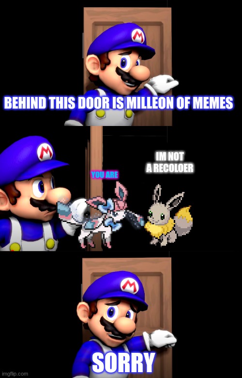 eevee | BEHIND THIS DOOR IS MILLEON OF MEMES; IM NOT A RECOLOER; YOU ARE; SORRY | image tagged in smg4 door with no text | made w/ Imgflip meme maker