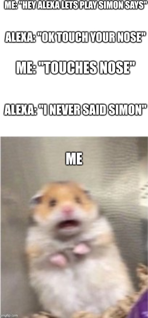 hamster |  ME: "HEY ALEXA LETS PLAY SIMON SAYS"; ALEXA: "OK TOUCH YOUR NOSE"; ME: "TOUCHES NOSE"; ALEXA: "I NEVER SAID SIMON"; ME | image tagged in alexa,hamster,why are you reading this | made w/ Imgflip meme maker