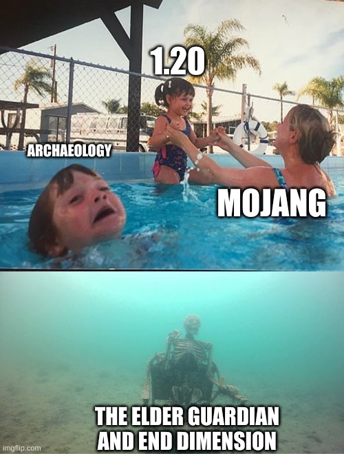 Give the two an upgrade, Mojang. | 1.20; ARCHAEOLOGY; MOJANG; THE ELDER GUARDIAN AND END DIMENSION | image tagged in drowning kid skeleton | made w/ Imgflip meme maker
