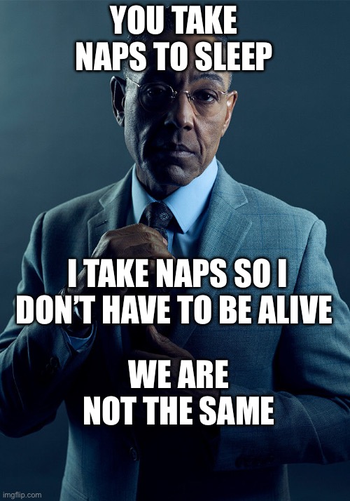 Gus Fring we are not the same | YOU TAKE NAPS TO SLEEP I TAKE NAPS SO I DON’T HAVE TO BE ALIVE WE ARE NOT THE SAME | image tagged in gus fring we are not the same | made w/ Imgflip meme maker