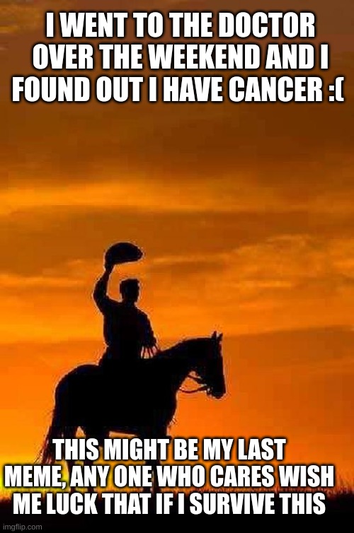 Goodbye Imgflip | I WENT TO THE DOCTOR OVER THE WEEKEND AND I FOUND OUT I HAVE CANCER :(; THIS MIGHT BE MY LAST MEME, ANY ONE WHO CARES WISH ME LUCK THAT IF I SURVIVE THIS | image tagged in cowboy goodbye sunset | made w/ Imgflip meme maker