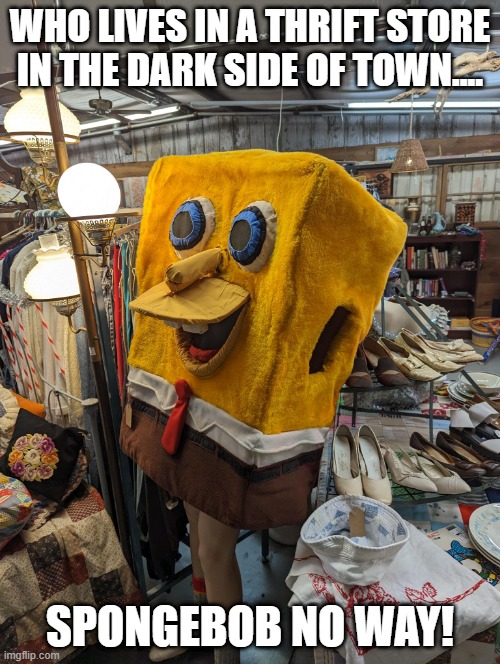 Scary Sponge | WHO LIVES IN A THRIFT STORE IN THE DARK SIDE OF TOWN.... SPONGEBOB NO WAY! | image tagged in unsee juice | made w/ Imgflip meme maker
