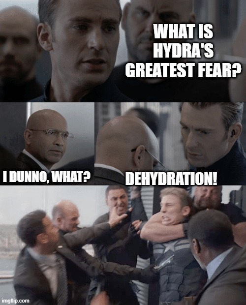 Dry Hydra! | WHAT IS HYDRA'S GREATEST FEAR? I DUNNO, WHAT? DEHYDRATION! | image tagged in captain america elevator | made w/ Imgflip meme maker