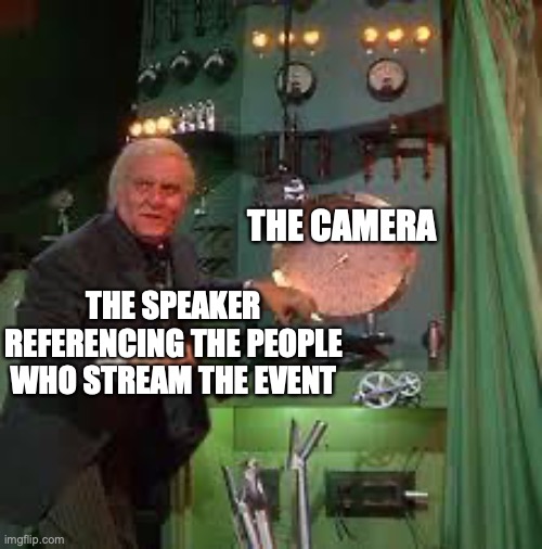 Hey! Over Here! | THE CAMERA; THE SPEAKER REFERENCING THE PEOPLE WHO STREAM THE EVENT | image tagged in pay no attention to the man behind the curtain,speaker,public speaking,church,stream | made w/ Imgflip meme maker