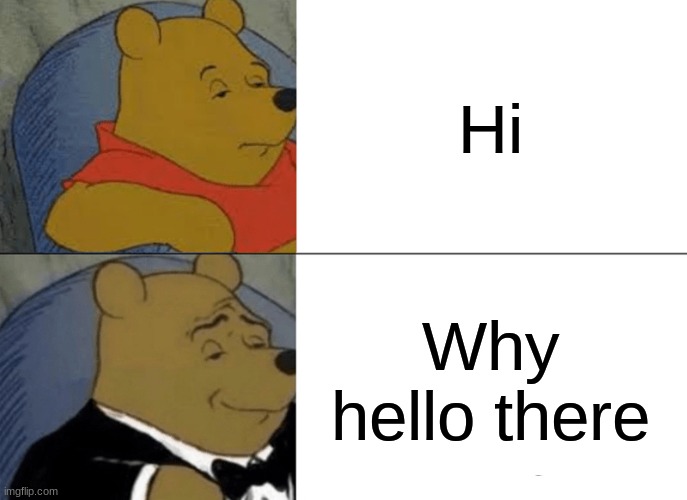Tuxedo Winnie The Pooh Meme | Hi; Why hello there | image tagged in memes,tuxedo winnie the pooh | made w/ Imgflip meme maker