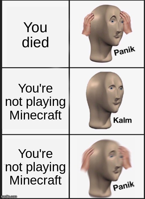 Panik Kalm Panik | You died; You're not playing Minecraft; You're not playing Minecraft | image tagged in memes,panik kalm panik | made w/ Imgflip meme maker