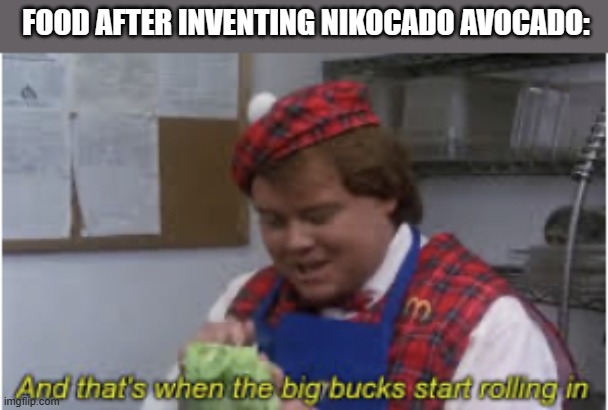 And that’s when the big bucks start rolling in | FOOD AFTER INVENTING NIKOCADO AVOCADO: | image tagged in and that s when the big bucks start rolling in,memes | made w/ Imgflip meme maker