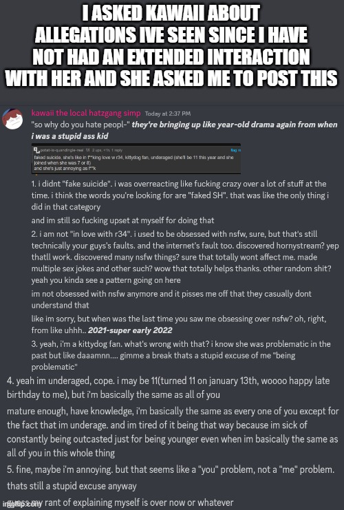 I ASKED KAWAII ABOUT ALLEGATIONS IVE SEEN SINCE I HAVE NOT HAD AN EXTENDED INTERACTION WITH HER AND SHE ASKED ME TO POST THIS | made w/ Imgflip meme maker