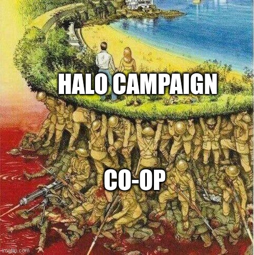 True |  HALO CAMPAIGN; CO-OP | image tagged in soldiers hold up society,halo | made w/ Imgflip meme maker