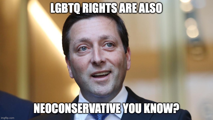 Matthew Guy | LGBTQ RIGHTS ARE ALSO NEOCONSERVATIVE YOU KNOW? | image tagged in matthew guy | made w/ Imgflip meme maker