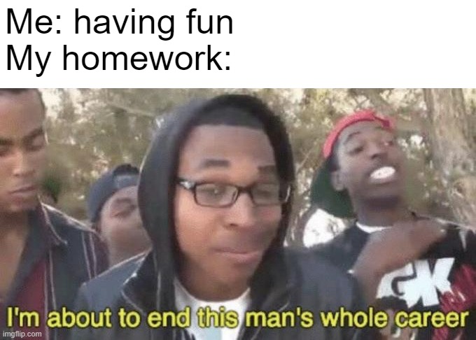 In Ireland homework is illegal :OOOO | Me: having fun
My homework: | image tagged in i m about to end this man s whole career,homework,why,true story | made w/ Imgflip meme maker
