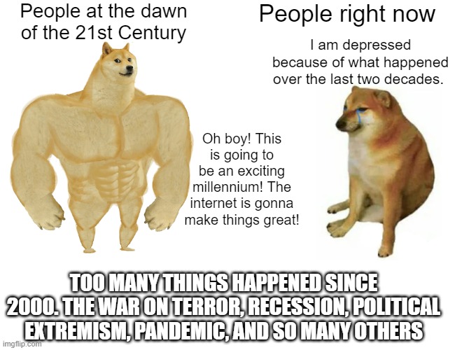 Reject the 21st century, go back to the 20th Century | People at the dawn of the 21st Century; People right now; I am depressed because of what happened over the last two decades. Oh boy! This is going to be an exciting millennium! The internet is gonna make things great! TOO MANY THINGS HAPPENED SINCE 2000. THE WAR ON TERROR, RECESSION, POLITICAL EXTREMISM, PANDEMIC, AND SO MANY OTHERS | image tagged in memes,buff doge vs cheems | made w/ Imgflip meme maker