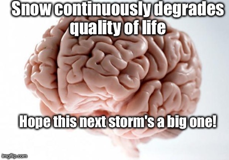 Scumbag Brain | Snow continuously degrades quality of life  Hope this next storm's a big one! | image tagged in scumbag brain | made w/ Imgflip meme maker