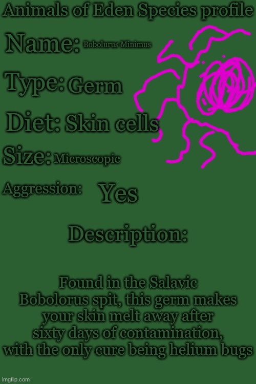 Animals of Eden Species Profile | Bobolurus Minimus; Germ; Skin cells; Microscopic; Yes; Found in the Salavic Bobolorus spit, this germ makes your skin melt away after sixty days of contamination, with the only cure being helium bugs | image tagged in animals of eden species profile | made w/ Imgflip meme maker