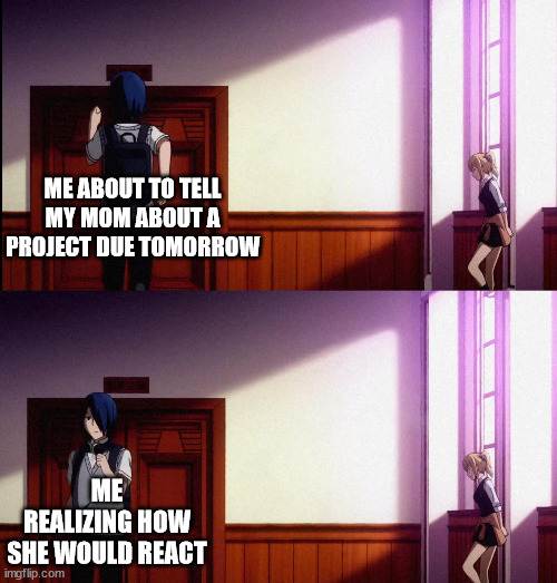 last minute school project | ME ABOUT TO TELL MY MOM ABOUT A PROJECT DUE TOMORROW; ME REALIZING HOW SHE WOULD REACT | image tagged in ishigami,last minute,school,project,mom,school project | made w/ Imgflip meme maker