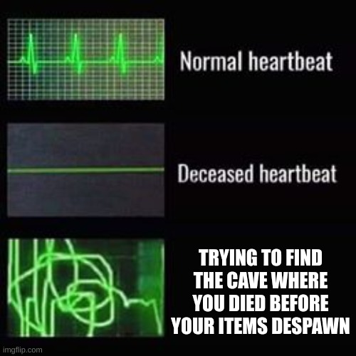 MYSTUFFMYSTUFFMYSTUFFMYSTUFF | TRYING TO FIND THE CAVE WHERE YOU DIED BEFORE YOUR ITEMS DESPAWN | image tagged in heartbeat rate | made w/ Imgflip meme maker