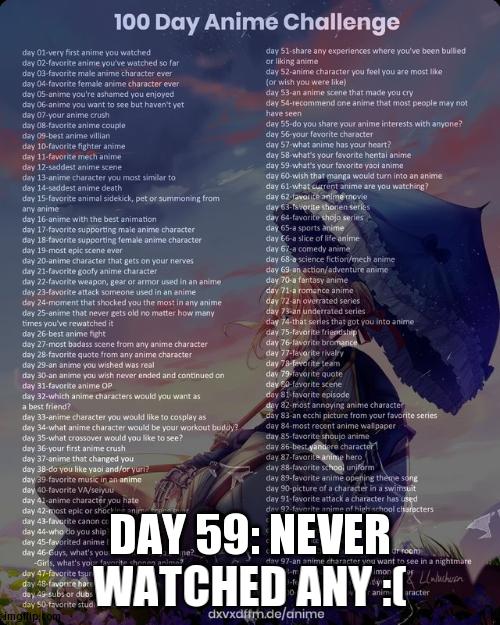 *Sad Gay Noises* | DAY 59: NEVER WATCHED ANY :( | image tagged in 100 day anime challenge | made w/ Imgflip meme maker