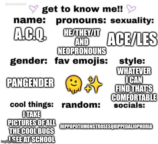 :> | HE/THEY/IT AND NEOPRONOUNS; ACE/LES; A.C.Q. WHATEVER I CAN FIND THAT'S COMFORTABLE; 🫠✨; PANGENDER; I TAKE PICTURES OF ALL THE COOL BUGS I SEE AT SCHOOL; HIPPOPOTOMONSTROSESQUIPPEDALIOPHOBIA | image tagged in get to know me | made w/ Imgflip meme maker