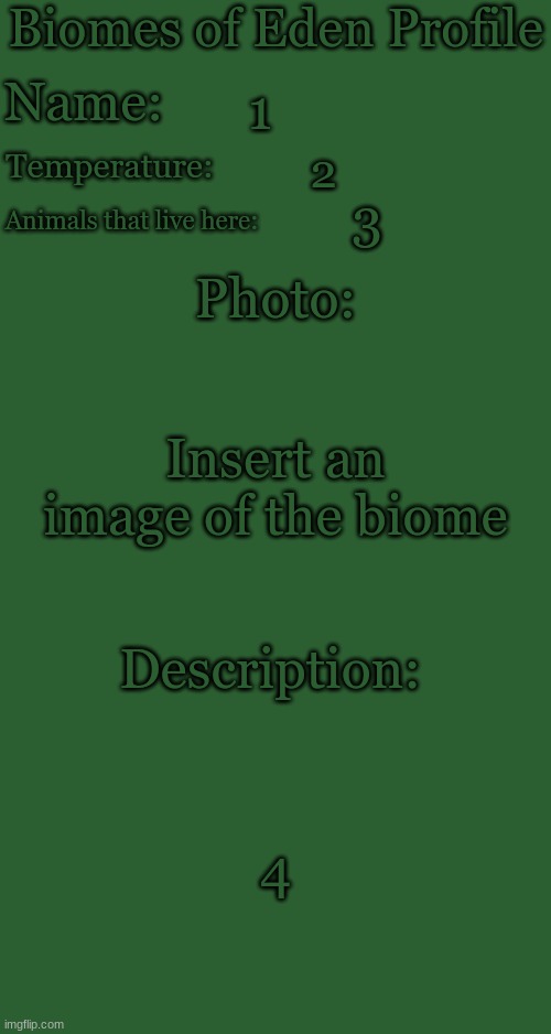 New profile for biomes | 1; 2; 3; Insert an image of the biome; 4 | image tagged in biomes of eden profile | made w/ Imgflip meme maker