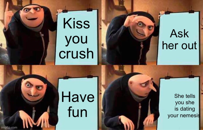 Gru's Plan Meme | Kiss you crush; Ask her out; Have fun; She tells you she is dating your nemesis | image tagged in memes,gru's plan | made w/ Imgflip meme maker