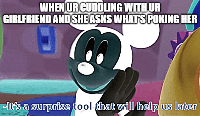 Its a suprise tool that will help us later ;) | WHEN UR CUDDLING WITH UR GIRLFRIEND AND SHE ASKS WHAT'S POKING HER | image tagged in its a suprise tool that will help us later | made w/ Imgflip meme maker
