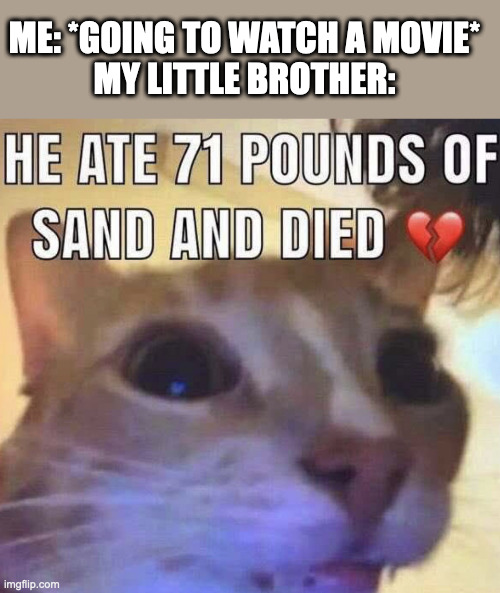 He ate 71 pounds of sand and died | ME: *GOING TO WATCH A MOVIE*
MY LITTLE BROTHER: | image tagged in he ate 71 pounds of sand and died | made w/ Imgflip meme maker