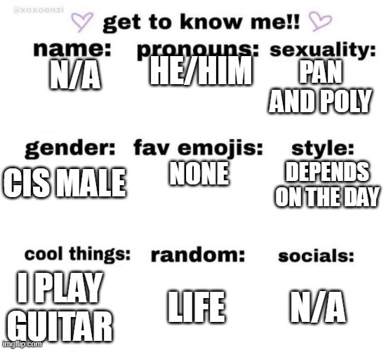 because yes | HE/HIM; PAN AND POLY; N/A; NONE; DEPENDS ON THE DAY; CIS MALE; I PLAY GUITAR; LIFE; N/A | image tagged in get to know me | made w/ Imgflip meme maker