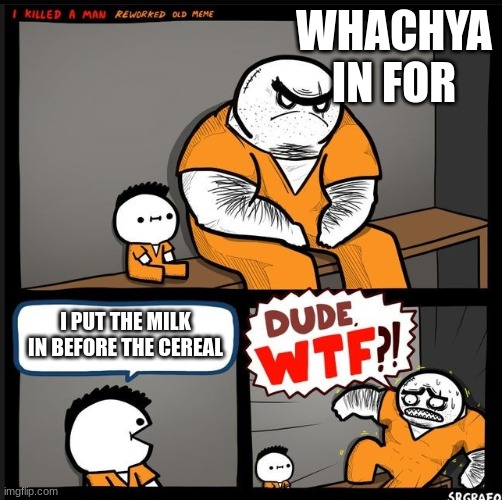 Srgrafo dude wtf | WHACHYA IN FOR; I PUT THE MILK IN BEFORE THE CEREAL | image tagged in srgrafo dude wtf | made w/ Imgflip meme maker