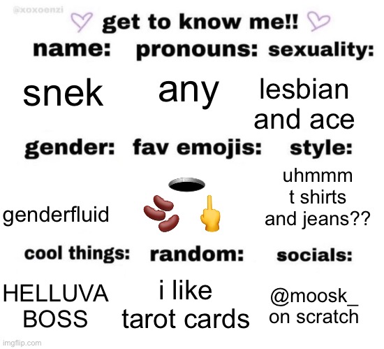 get to know me | any; lesbian and ace; snek; 🕳 🫘 🖕; uhmmm t shirts and jeans?? genderfluid; i like tarot cards; HELLUVA BOSS; @moosk_ on scratch | image tagged in get to know me | made w/ Imgflip meme maker