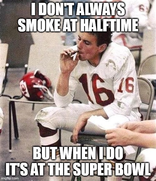 super bowl | I DON'T ALWAYS SMOKE AT HALFTIME; BUT WHEN I DO IT'S AT THE SUPER BOWL | image tagged in smoking,super bowl | made w/ Imgflip meme maker