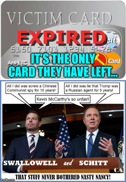 It's never their fault... so the only card they have left to play is their victim card... | IT'S THE ONLY CARD THEY HAVE LEFT... | image tagged in democrat,whiners | made w/ Imgflip meme maker