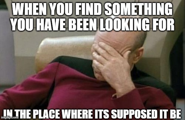 Relatableness | WHEN YOU FIND SOMETHING YOU HAVE BEEN LOOKING FOR; IN THE PLACE WHERE ITS SUPPOSED IT BE | image tagged in memes,captain picard facepalm | made w/ Imgflip meme maker