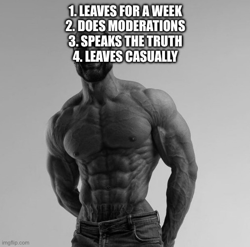 gigachad | 1. LEAVES FOR A WEEK
2. DOES MODERATIONS
3. SPEAKS THE TRUTH
4. LEAVES CASUALLY | image tagged in gigachad | made w/ Imgflip meme maker