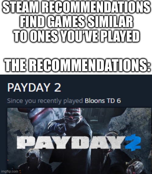 Steam recommendations |  STEAM RECOMMENDATIONS FIND GAMES SIMILAR TO ONES YOU’VE PLAYED; THE RECOMMENDATIONS: | image tagged in steam,games,btd6,payday 2 | made w/ Imgflip meme maker