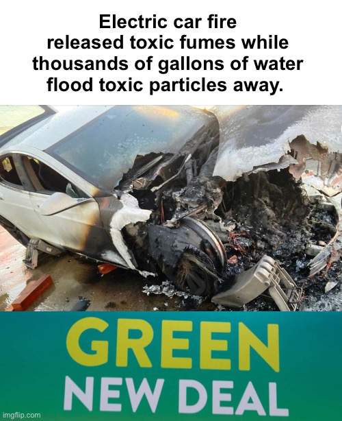 And eating bugs will balance this out | Electric car fire released toxic fumes while thousands of gallons of water flood toxic particles away. | image tagged in alexandria ocasio-cortez,politics lol,memes | made w/ Imgflip meme maker