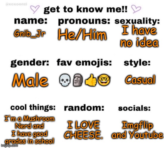 . | He/Him; I have no idea; Gnib_Jr; Casual; 💀🗿👍🤓; Male; I'm a Mushroom Nerd and I have good grades in school; I LOVE CHEESE. Imgflip and Youtube | image tagged in get to know me | made w/ Imgflip meme maker