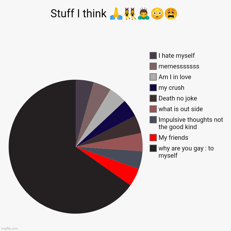 Stuff I think ????? | why are you gay : to myself, My friends, Impulsive thoughts not the good kind, what is out side , Death no joke, my cr | image tagged in charts,pie charts | made w/ Imgflip chart maker