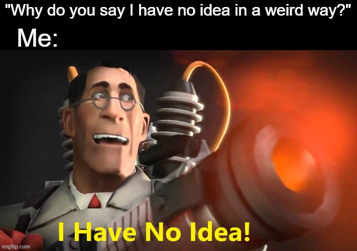 I absolutely have no idea! | Me:; "Why do you say I have no idea in a weird way?" | image tagged in i have no idea medic version,tf2 | made w/ Imgflip meme maker