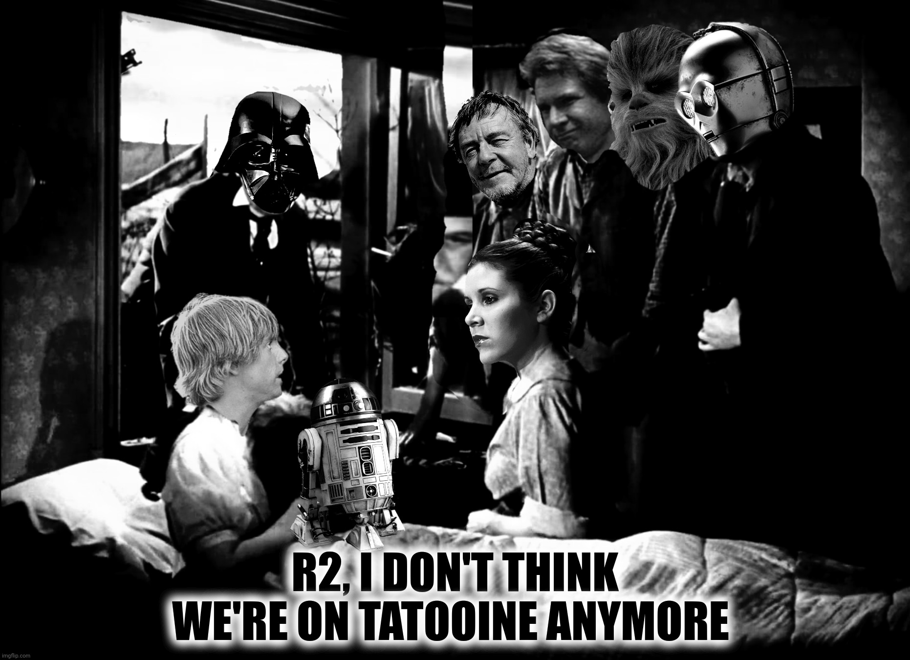 A long time ago over a rainbow far, far away | R2, I DON'T THINK WE'RE ON TATOOINE ANYMORE | image tagged in bad photoshop,the wizard of oz,star wars,luke skywalker,princess leia | made w/ Imgflip meme maker